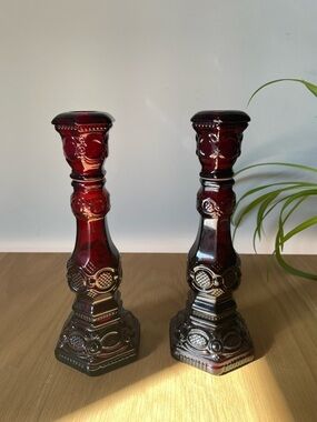 Vintage Avon 1876 Cape Cod Collection Ruby Red Glass Candlestick Holders 1970s